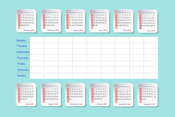 Calendario Año 2019 Con Etiquetas Divididas Medio Año Planificador Semanal — Vector de stock