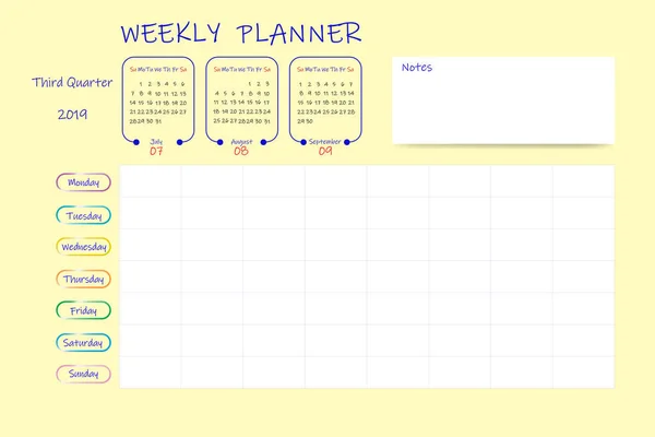 Kalender Für Das Dritte Quartal 2019 Mit Wochenplaner Diagramm Und — Stockvektor