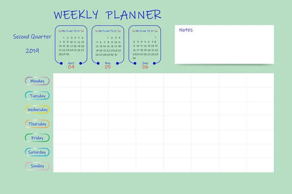 Kalender Für Das Zweite Quartal 2019 Jahr Mit Wochenplaner Diagramm — Stockvektor