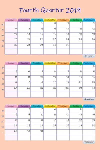 Вертикальный Календарь Четвертый Квартал 2019 Года Еженедельным Графиком Планировщика Пустой — стоковый вектор