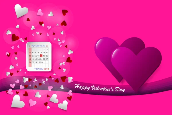 情人节向量与两个粉红色的心在右侧的向量 日历页周围有很多心是在矢量的左侧 都是在一个时髦的粉红色背景 — 图库矢量图片