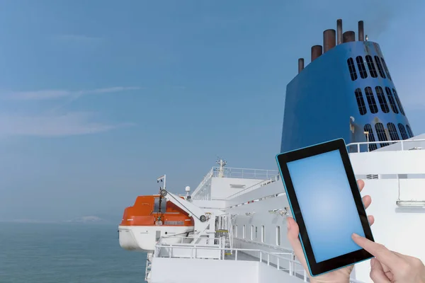 Travel Ferry Infographic Concept Finger Touching Tablet Blue Blank Screen — Stock Photo, Image