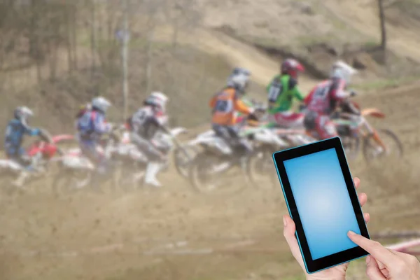 Motocross Race Infographic Concept Finger Touching Tablet Blank Screen Ready — Stock Photo, Image
