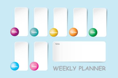 Haftanın her günü için notlar ve beyaz dikey çizelgeler içeren haftalık planlayıcı, top tarafından farklı renkte tasarlanmış metinleriniz için hazırdır.. 