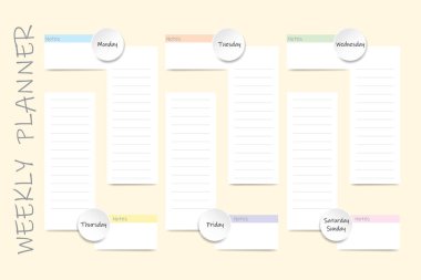 Farklı renkler tarafından tasarlanmış haftanın her günü için boş etiketleri ve boş beyaz etiketleri olan haftalık planlayıcı metinleriniz için hazırdır. 