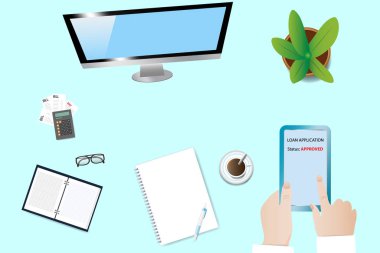 Ofis Büro Ofis ekipmanları, hesap makinesi ve faturaları ile en iyi görünümü. Yazıt kredi başvurusu ile bir akıllı telefon ekranında bir yer, metniniz için onaylanmıştır el ele tutuşarak. 