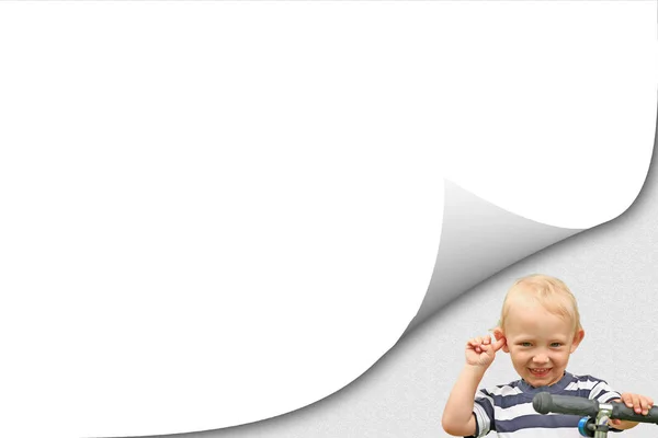 Blank white page curl effect with smiling blond boy — Stock Photo, Image