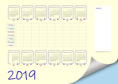 Sayfa kıvırma etkisi ile 2019 yılı için haftalık planlayıcı