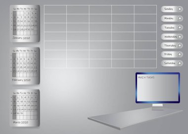 Pc ekranı ile 2020 yılının ilk çeyreği için haftalık planlayıcısı