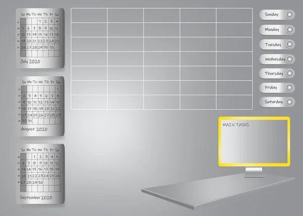 Pc ekranı ile 2020 yılının üçüncü çeyreği için haftalık planlayıcısı — Stok Vektör