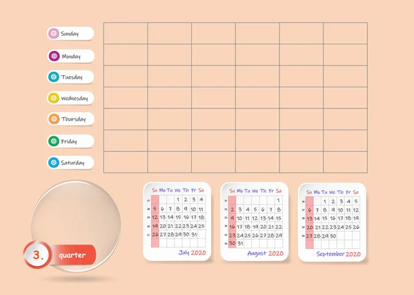 Calendário para o terceiro trimestre de 2020 ano na cor laranja — Vetor de Stock