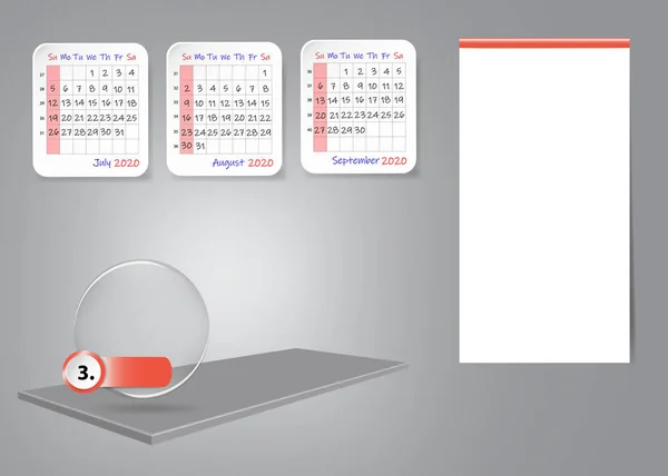 Kalender für das dritte Quartal 2020 Jahresvorlage auf 3D-Tabelle — Stockvektor