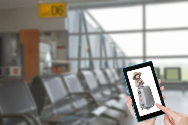 Hands Holding Tablet Little Tourist Girl Screen Empty Airport Terminal — Stock Photo, Image