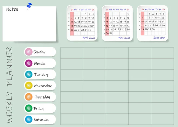 Kalender Des Zweiten Quartals 2021 Mit Wöchentlicher Planertabelle Und Leerzeichen — Stockvektor