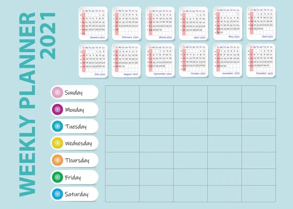 Kalender Des Jahres 2021 Und Leerer Wochenplaner Auf Hellgrünem Hintergrund — Stockvektor