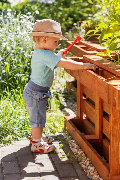 Netter Kleiner Junge Mit Schönem Hut Gärtnert Einer Roten Baby — Stockfoto