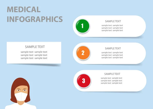 Infographies Médicales Montrant Médecin Avec Masque Médical Trois Étiquettes Horizontales — Image vectorielle