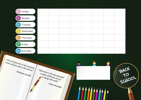 Wochenplaner Der Schule Zeigt Offenes Buch Mit Berühmten Zitaten Über — Stockvektor