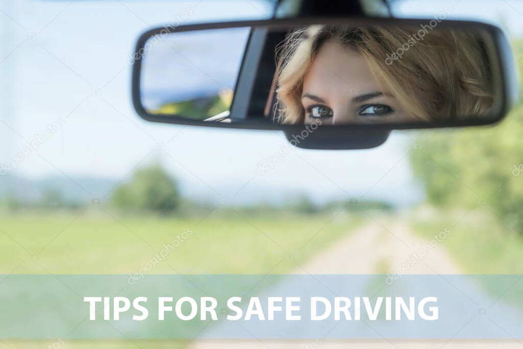 Tips for safe driving template ready for your use. The beautiful eyes of the young driver woman are reflected in the rearview mirror. 
