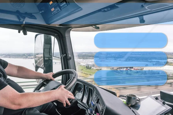 Interior Truck Cab Driver While Driving Blank Rectangles Ready Your — Stock Photo, Image