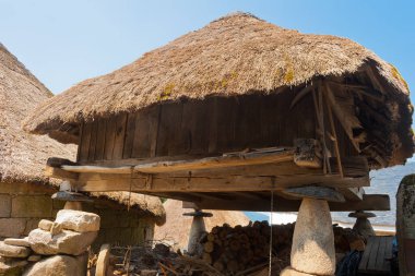 Horreo: hasat depolamak için kullanılan geleneksel rustik yapı sütunlar, ahşap duvarlar ve thatched çatı tarafından yerden kaldırdı. Önceden Roma Köyü, Piornedo, Os Ancares, Lugo, Galiçya, İspanya