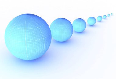 Bakış açısı bir gölge ile üst üste mavi topları. Beyaz arka plan üzerinde 3D çizim.