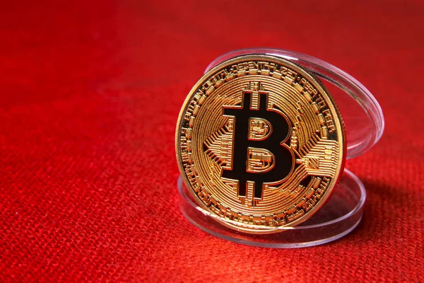 Kırmızı tuval zemin üzerine tek altın Bitcoin para portre. Bitcoin cryptocurrency, kopya alanı. İş kavramı.