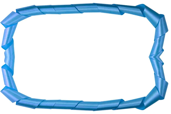 Синяя Рамка Атласной Блестящей Ленты Выложенная Удлиненными Катушками Белом Фоне — стоковое фото