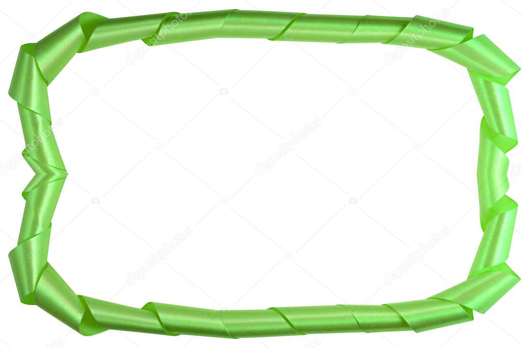 Green frame on a white background of elongated turns of satin shiny ribbon in the shape of a rectangle.