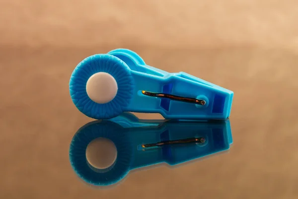 Plastic Household Clothespin Blue Close Reflection — Stock Photo, Image