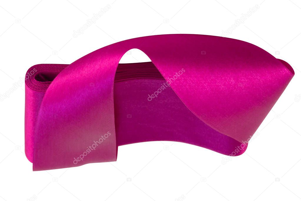 Tape of brilliant satin lilac for decoration and decoration on white background, isolated image.