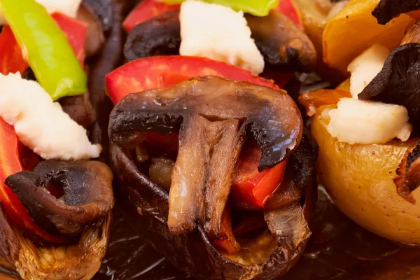 Baked Eggplant Potatoes Stuffed Fried Mushrooms Decorated Cheese Slices Tomatoes — Stock Photo, Image