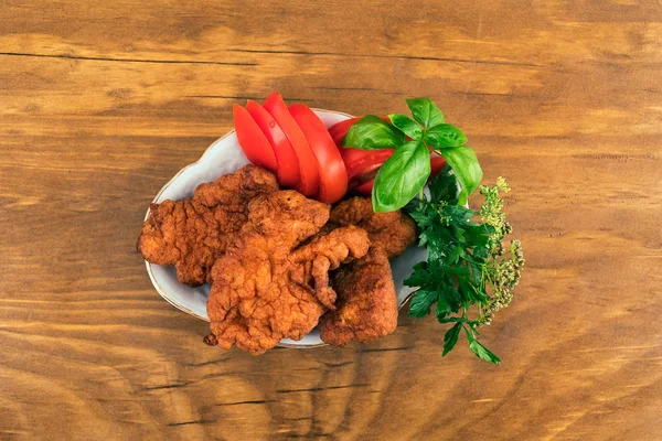 Fish Batter Deep Fried Ruddy Crust Laid Plate Parsley Basil — Stock Photo, Image