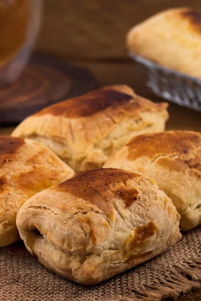 Homemade Puff Pastry Brown Crust Vertical Frame Close Wooden Background — Stock Photo, Image