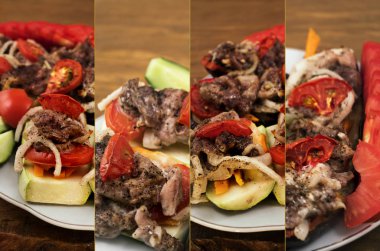 Kavrulmuş et ve pişmiş sebze güzel yemekleri kolaj.