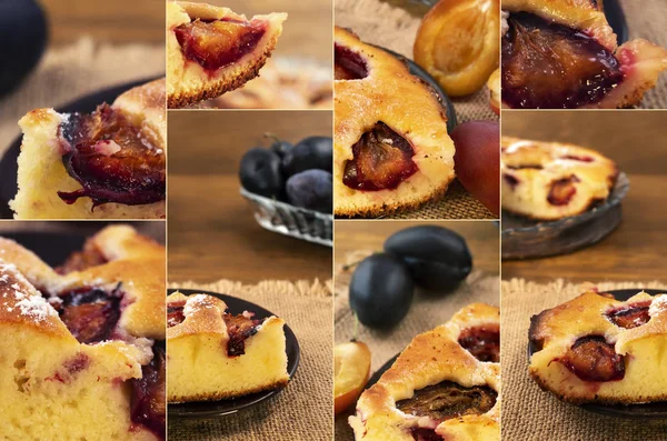 Collage of photos of plum cake, pieces of cake and ripe whole plums on a linen napkin.