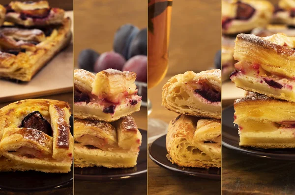 Collage of pieces of puff pastry pie with plums and cottage cheese.