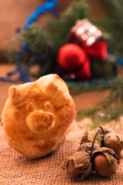Galletas Forma Cabeza Cerdo Para Navidad Fondo Las Decoraciones Navideñas —  Fotos de Stock