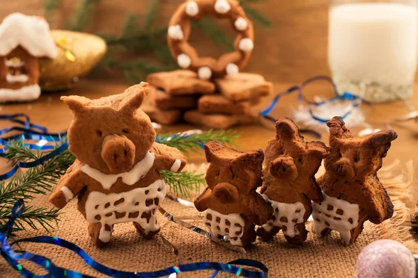 Yıl Noel dekorasyonları ahşap arka plan üzerinde yanında domuz kurabiye kurabiye.