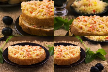 Yaprakları sandviç Yengeç eti ve eritilmiş rendelenmiş peynir, Salamura Zeytin ve fesleğen ile fotoğrafları kolaj bir.