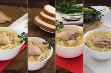 Beyaz bir kase tavuk şehriye fotoğrafları kolaj bir.