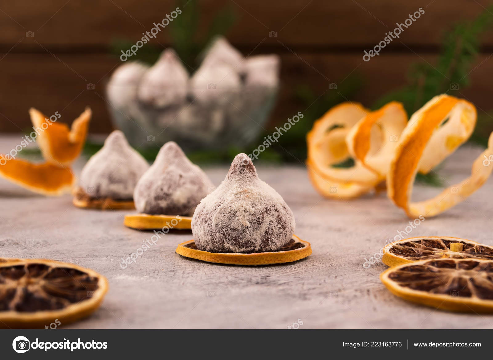 Chocolate Candies Slices Dry Lemon Wooden Background Decoration
