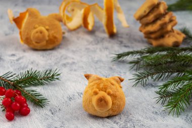 Bir domuzun kafası, kırmızı kartopu, şeklinde kurabiye dallar yeşil iğne, Noel kartı çeki düzen vermek.