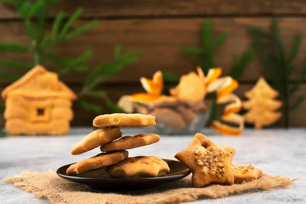 Dezert Podobě Souborů Cookie Výzdobu Stolu Během Svátků Vánoční Přání — Stock fotografie