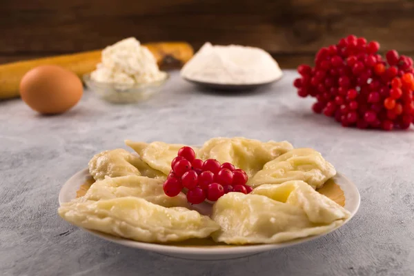 Una Porzione Gnocchi Piatto Con Bacche Rosse Viburno Ingredienti Cucinare — Foto Stock