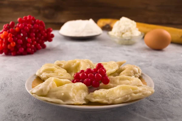 Una Porzione Gnocchi Bolliti Con Bacche Viburno Ingredienti Fare Prodotti — Foto Stock