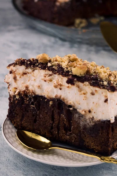 Piece Chocolate Cake Brown White Layer Ground Walnut Metal Dessert — Stock Photo, Image