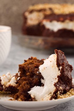 Bir plaka üzerinde artık çikolatalı kek. Yemekten sonra. Dikey. Açık renkli.