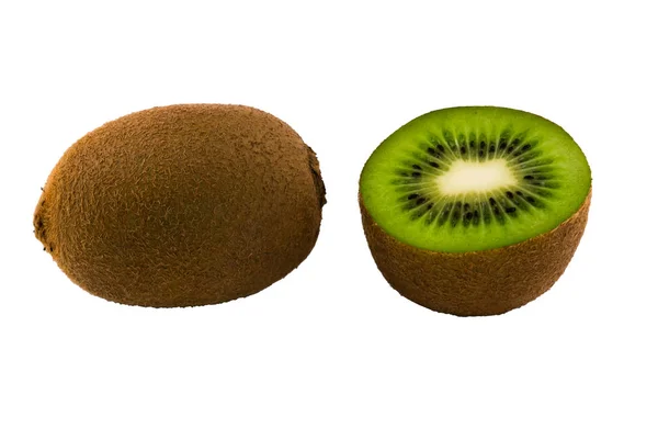Ganze Kiwi Der Schale Die Hälfte Der Reifen Früchte Abschneiden — Stockfoto