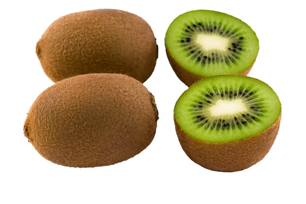 Owoce Dojrzałe Kiwi Całe Krojone Owoce Chiński Egzotyczny Jedzenie Białym — Zdjęcie stockowe